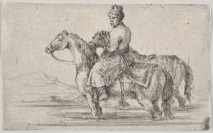 Een knecht die twee paarden naar het bad brengt, zittend op een paard in een rivier, de andere naast... (ca. 1662) door Stefano della Bella