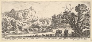 Een waterval die uit de bergen in de achtergrond stroomt, verschillende dieren en..., ca. 1641 door Stefano della Bella