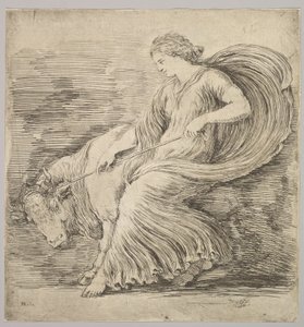 Een vrouw in profiel die aan een touw trekt dat om de hoorns van een jonge stier is gebonden, ca. 1660