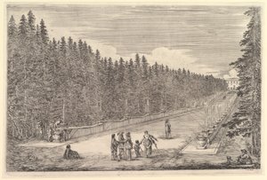 Een steeg met fonteinen, een groep mensen in het midden, een man en hond zittend rechts door Stefano della Bella