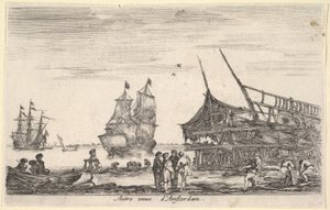 Een ander uitzicht op Amsterdam, een groep van vier mannen staat in het midden, 1647