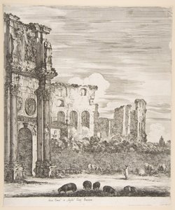 Boog van Constantijn en Colosseum met grazende schapen op de voorgrond, uit Zes grote uitzichten door Stefano della Bella