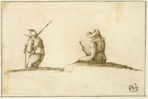 Kunstenaar schetst en soldaat, beide op de rug gezien door Stefano della Bella