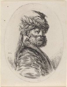 Baardige Moor in een gevederde tulband met een sluier, naar rechts gedraaid, 1649-1650 door Stefano della Bella