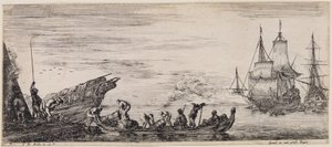 Laden van verschillende schepen: links een laadkade met wachtpost en havenarbeiders die een boot lossen door Stefano della Bella