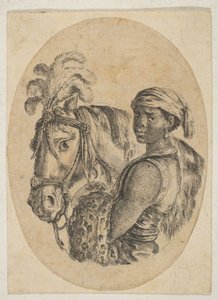 Zwarte slaaf draagt een luipaardvel en houdt het hoofdstel van een paard vast, uit Verschillende hoofden..., 1649-50 door Stefano della Bella