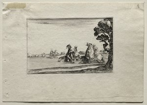 Caprices: Ruiters die hun paarden in een rivier drenken door Stefano della Bella