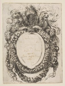 Cartouche gekroond door helm en luipaarden, 1647