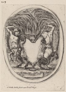 Cartouche in de vorm van een gevilde tijger ondersteund door centauren door Stefano della Bella