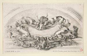 Cartouche met Honden, Hert en Zwijnenkop door Stefano della Bella