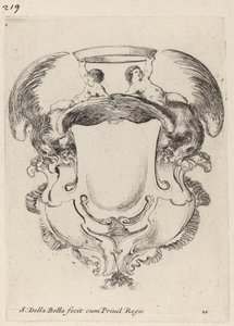Cartouche met adelaars en twee kinderen die een kroon vasthouden