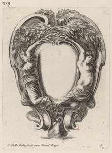 Cartouche met twee nimfen die in bomen zijn veranderd