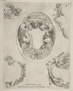Collectie van verschillende caprices en nieuwe ontwerpen van cartouches en ornamenten: nr. 8 door Stefano della Bella