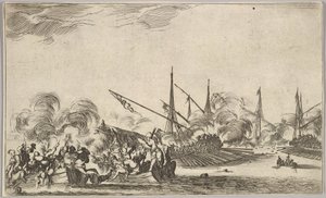 Gevecht tussen verschillende roeiboten en schepen, twee groepen mannen in roeiboten vechten naar links..., 1639 door Stefano della Bella