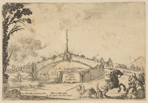 Gevecht op een brug, een ruiter en twee voetsoldaten vechten met zwaarden rechtsonder, ca. 1645 door Stefano della Bella