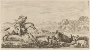 Hinde in een moeras aangevallen door twee honden door Stefano della Bella