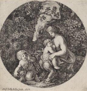 Vrouwelijke sater die een kind voedt in een boslandschap, 1656