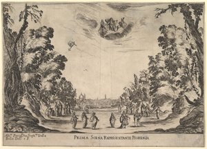 Eerste scène, in Florence, uit Het huwelijk van de goden, 1637 door Stefano della Bella