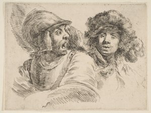 Geschrokken soldaat en een man met een bontmuts, ca. 1652