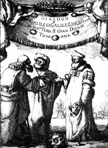 Frontispice van Galileos Dialogo dei Massimi Sistemi door Stefano della Bella