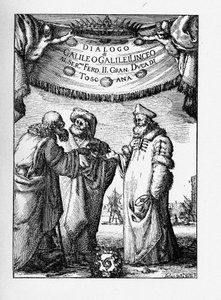 Frontispice van de Dialoog over de Twee Belangrijkste Wereldsystemen door Galileo Galilei, 1632