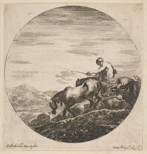 Herder te paard drijft dieren, uit Six animal subjects, ca. 1646 door Stefano della Bella