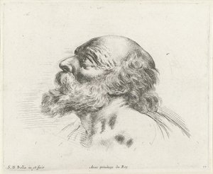 Hoofd van een kale oude man met baard, in profiel naar links (mogelijk H. Petrus)