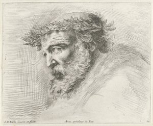 Hoofd van een oude man met baard en laurierkrans, in profiel naar links