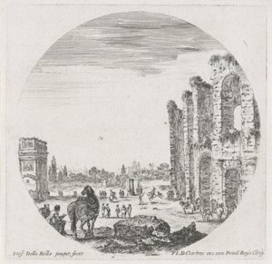 Landschap met het Colosseum en de Boog van Constantijn (Landschappen en ruïnes te Rome) door Stefano della Bella