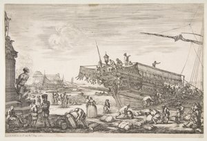 Laden van een galei, uit Zichten van de haven van Livorno, 1654-55 door Stefano della Bella