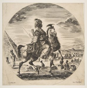 Moorse ruiter in profiel naar rechts, op de achtergrond een piramide links, veel figuren