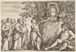 Ornamentontwerp voor een scriptie, het Strozzi-wapen bovenaan