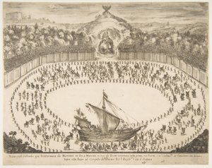 Paradewagen in de vorm van een schip, wapen van de Groothertog van Modena bovenaan, 1652 door Stefano della Bella