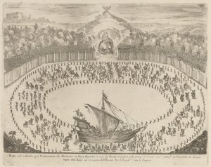 Parade met een wagen in de vorm van een schip door Stefano della Bella