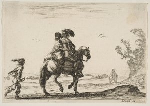 Plaat 10: een ruiter en een vrouw, van achteren gezien, rijdend naar rechts met een jong..., 1642
