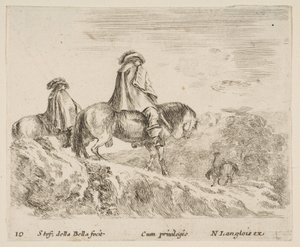Plaat 10: twee ruiters dalen een berg af links, een andere ruiter rechts...