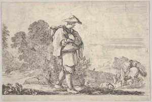 Plaat 11: een boer met een hoed in het midden, lopend naar rechts, een paard afdalend, ca. 1641 door Stefano della Bella