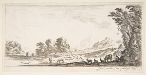 Plaat 11: herderin zittend naar rechts onder een boom, kijkend naar haar kudde naar links, ca. 1641