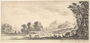 Plaat 11: herderin zittend rechts onder een boom, kijkend naar haar kudde links, ca. 1641