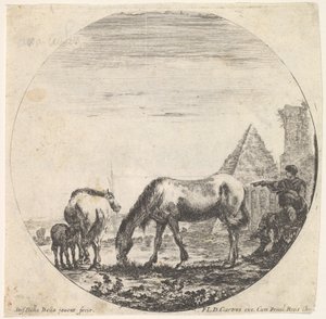 Blad 11: de piramide van Caius Cestius rechts op de achtergrond, een paard grazend, ca. 1643-48 door Stefano della Bella