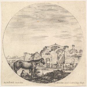 Plaat 12: een herder die op de grond slaapt naar rechts, drie paarden naar links, andere h... (ca. 1643-48) door Stefano della Bella