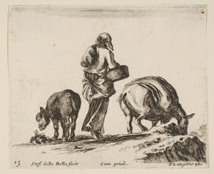 Boerin, gezien van achteren, met een mand in het midden, een ezel..., ca. 1644-47 door Stefano della Bella