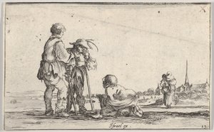 Twee boeren staand naar links, een kreupele knielend op de grond in het midden