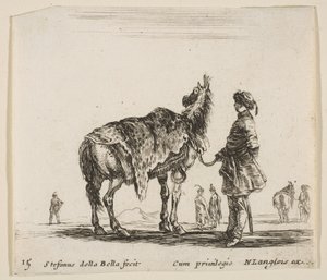 Plaat 15: een Poolse edelman, van achteren gezien, met zijn paard bedekt met luipaardhuid, ca. 1644-47 door Stefano della Bella