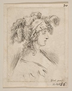 Blad 15: borstbeeld van een jonge vrouw in profiel met een hoed met veren, ca. 1649 door Stefano della Bella