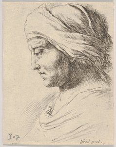 Hoofd van een oude man in profiel met een doek om zijn hoofd gebonden, uit De B... door Stefano della Bella