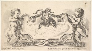 Plaat 17: een cartouche met een marmeren centrum, een kind aan weerszijden die een slinger vasthouden..., 1646
