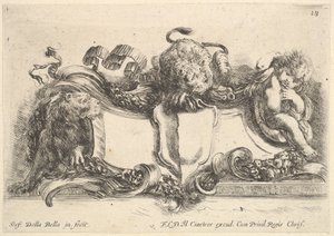 Plaat 18: een cartouche met een leeg wapen, twee leeuwinnen, één links en één in het midden, 1646