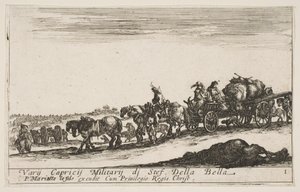 Plaat 1: Een door paarden getrokken kar die mensen en goederen vervoert, dood paard op de voorgrond, ca. 1641