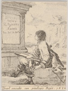 Plaat 1: een jonge man zittend op een steen, naar links in profiel, met een tekenblok..., 1650